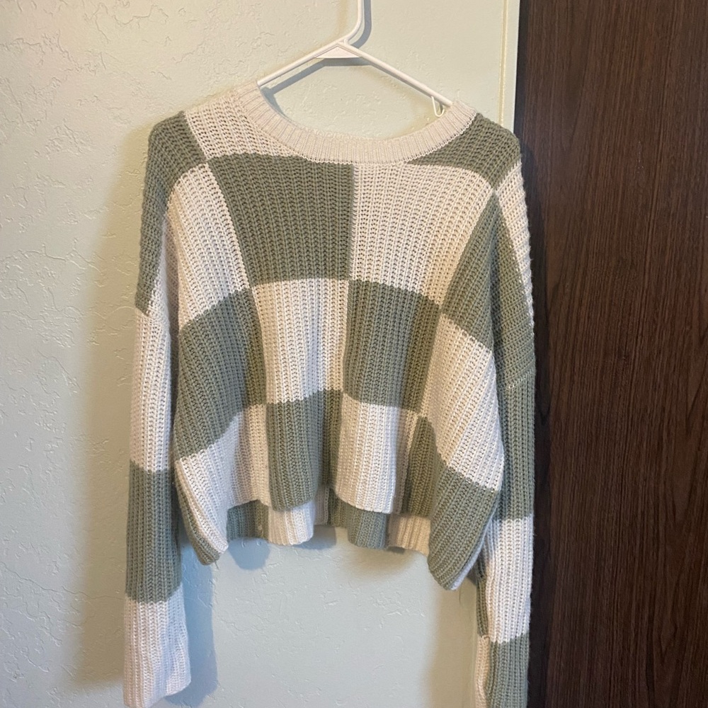 Green and White Checkered Women's Sweater